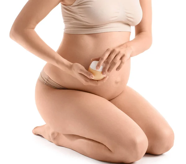 Vacker Gravid Kvinna Med Kosmetisk Kräm Vit Bakgrund — Stockfoto