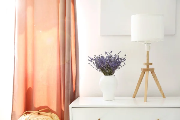 Vase Beautiful Lavender Flowers Lamp Chest Drawers Room — Stock Photo, Image