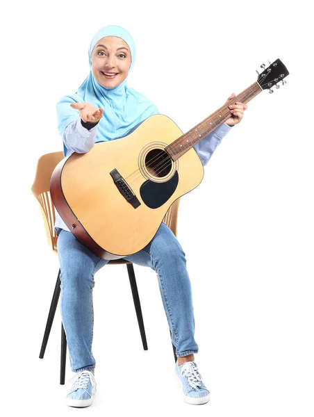 Muslim Music Teacher Guitar White Background — 图库照片