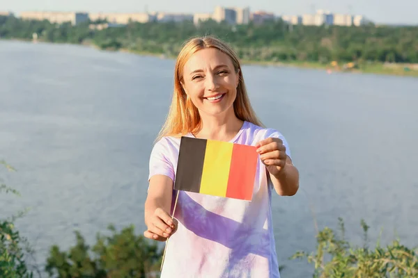 Mature Woman Flag Belgium River — Stockfoto