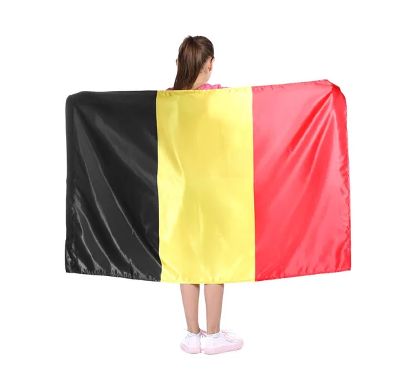 Petite Fille Avec Drapeau Belgique Sur Fond Blanc Vue Dos — Photo