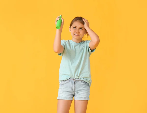 Little Girl Mosquito Repellent Color Background — Stock Photo, Image