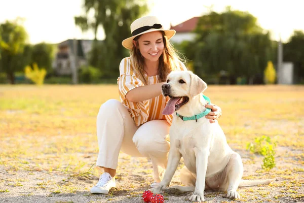 Woman Cute Labrador Outdoors Summer Day — Stock Photo, Image