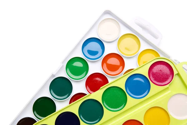 Plastic Doosjes Met Aquarelverf Witte Achtergrond — Stockfoto