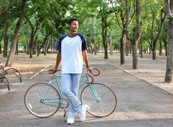 African American Teenage Boy Bicycle Park — Stock Photo, Image