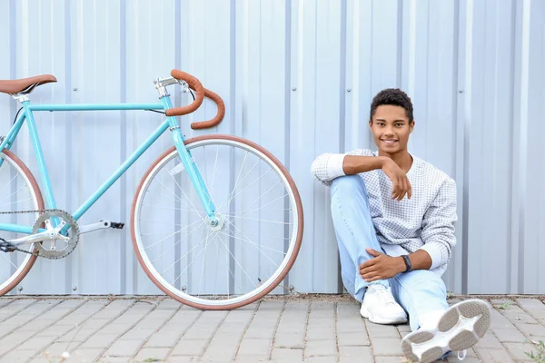 African American Teenage Boy Bike Blue Fence — Stock Photo, Image