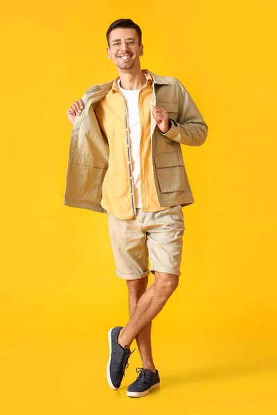 Young Man Eyeglasses Stylish Jacket Yellow Background — Stock Photo, Image