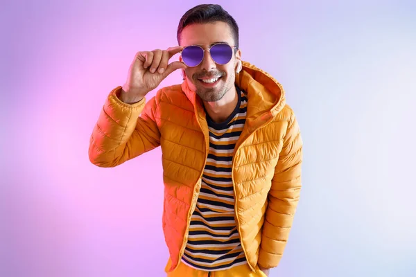 Stylish Young Man Sunglasses Yellow Jacket Color Background — Stock Photo, Image