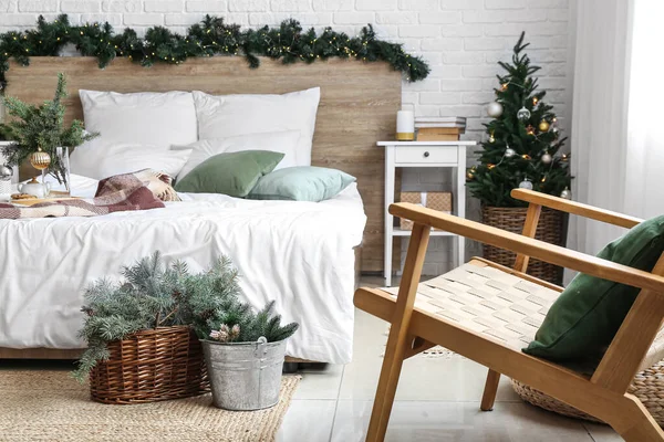 Interior Stylish Bedroom Fir Branches Decorated Christmas — Stockfoto