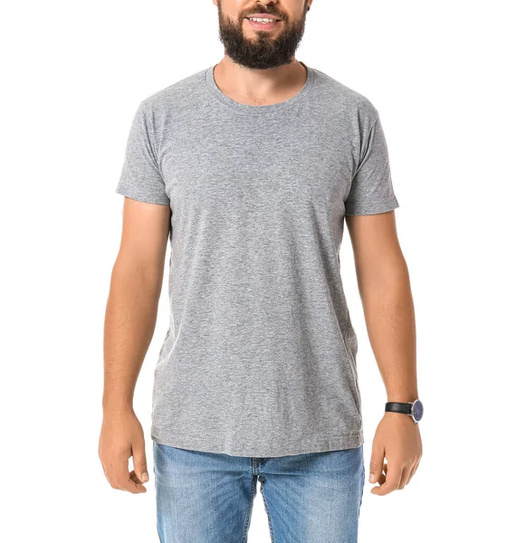 Hombre Guapo Camiseta Gris Sobre Fondo Blanco — Foto de Stock