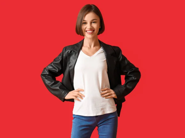 Beautiful Young Woman Stylish Shirt Jacket Color Background — Stock Photo, Image
