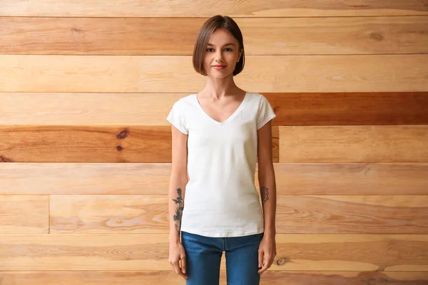 Beautiful Young Woman Stylish Shirt Wooden Background — Stock Photo, Image