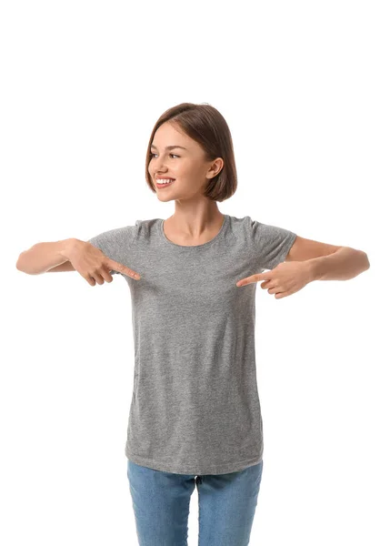 Schöne Junge Frau Stylischem Shirt Auf Weißem Hintergrund — Stockfoto