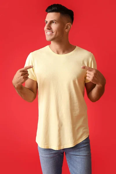 Handsome Young Man Stylish Shirt Color Background — Stock Photo, Image