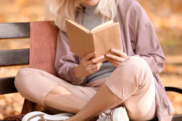 Mature Woman Reading Book Autumn Park — Stock Photo, Image