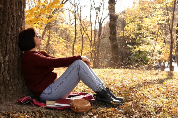 Młoda Modna Kobieta Siedzi Przy Drzewie Cieszy Się Słonecznym Jesiennym — Zdjęcie stockowe