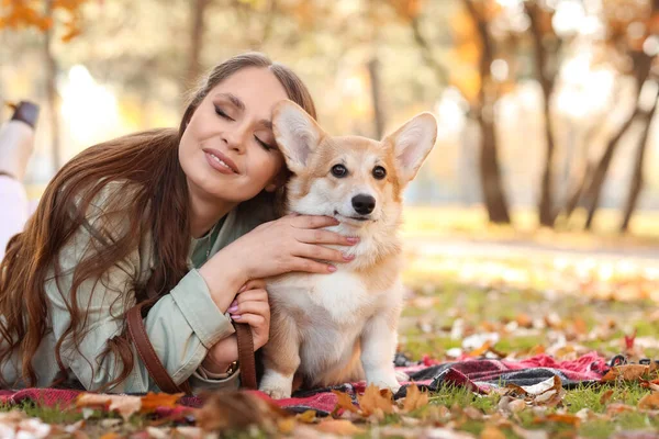 可愛いですコルギ犬と若いです女性で遊んで秋の公園 — ストック写真