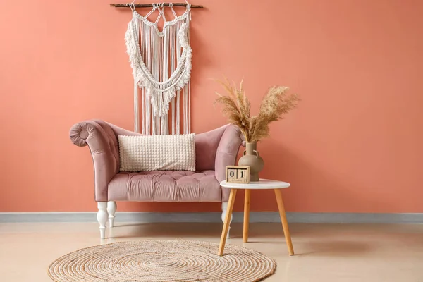 Stylish Comfortable Armchair Table Pink Wall Room — Stock Photo, Image