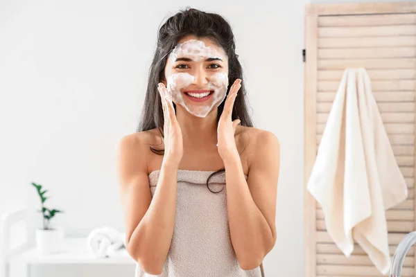 Morning Beautiful Young Woman Washing Face Bathroom — Stockfoto