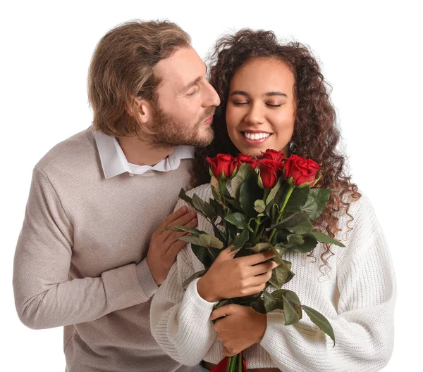 Happy Young Couple Bouquet Roses White Background Valentine Day Celebration — Stock Photo, Image