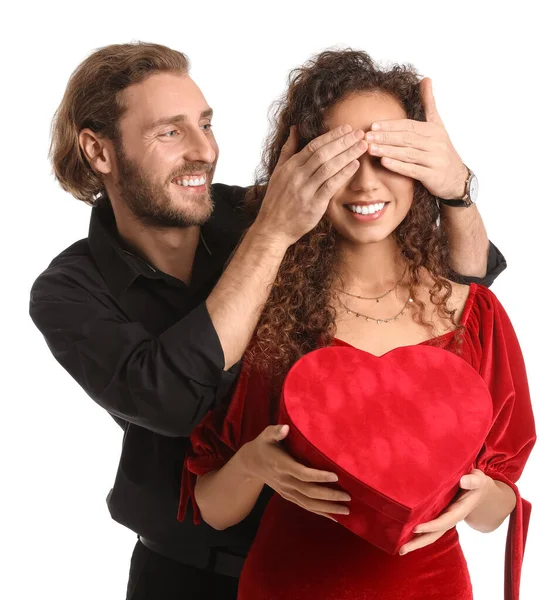 Happy Young Man Greeting His Girlfriend Valentine Day White Background — 图库照片