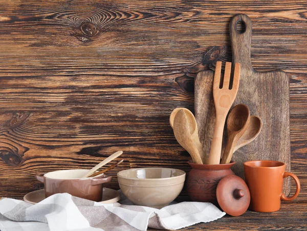 Set Stylish Tableware Wooden Background — Stock Photo, Image