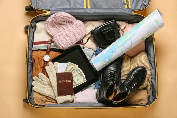 Suitcase Packed Travelling Belongings Color Background — Stock Photo, Image