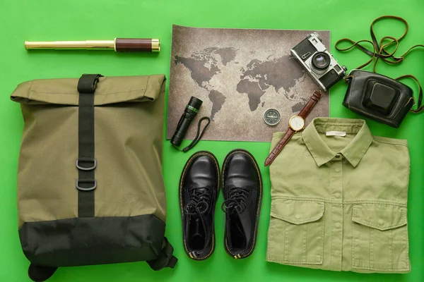 Travelling Belongings World Map Color Background — Stock Photo, Image
