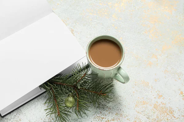 Cup Tasty Coffee Blank Book Fir Branch Beige Background — Stockfoto