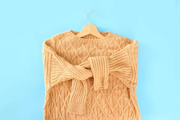 Hanger Stylish Knitted Sweater Color Background — Stock Photo, Image