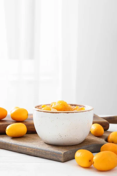Bowl Tasty Kumquat Jam Fresh Fruits Kitchen Table — Stock Photo, Image