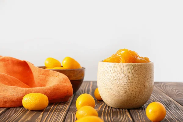 Bowl Tasty Kumquat Jam Fresh Fruits Table — Stock Photo, Image