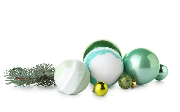 Bath Bombs Fir Branch Christmas Decorations White Background — Stock Photo, Image