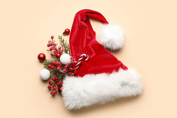 Composition Santa Hat Christmas Decorations Color Background — Stock Photo, Image