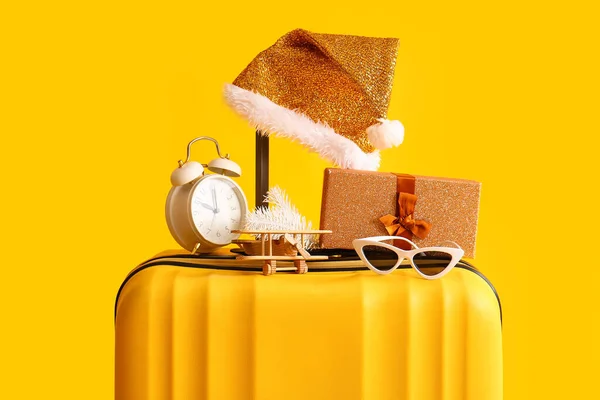 Suitcase Sunglasses Christmas Gift Box Wooden Airplane Alarm Clock Santa — Stock Photo, Image
