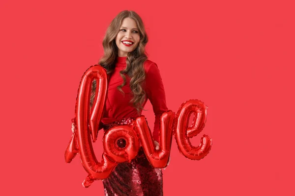 Beautiful Young Woman Balloon Shape Word Love Red Background Valentine — 图库照片