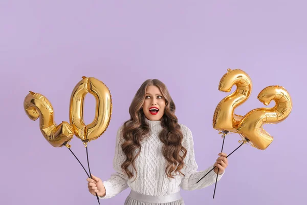 Hermosa Mujer Joven Con Globos Forma Figura 2022 Sobre Fondo — Foto de Stock