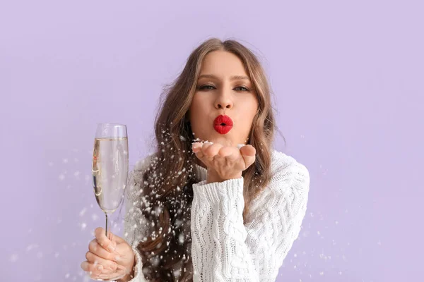 Beautiful Young Woman Champagne Blowing Kiss Color Background — Stock Photo, Image