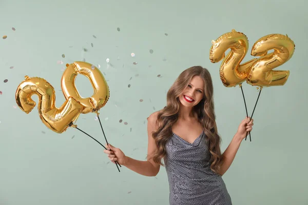 Beautiful Young Woman Balloons Shape Figure 2022 Color Background New — Stock Photo, Image