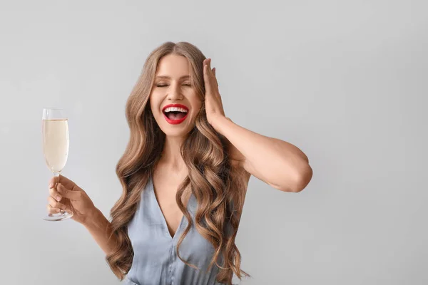 Beautiful Young Woman Champagne Grey Background — Stock Photo, Image