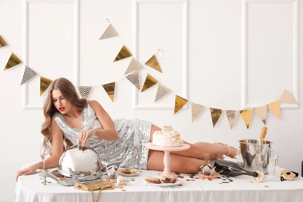 Drunk Young Woman Party Lying Table — Stock Photo, Image