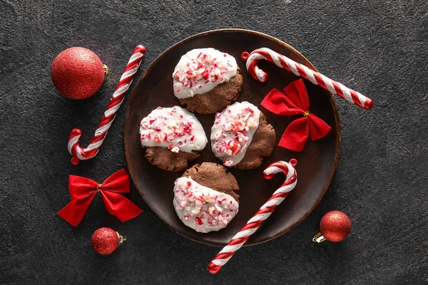 Plate Tasty Candy Cane Cookies Black Background — Stock Photo, Image