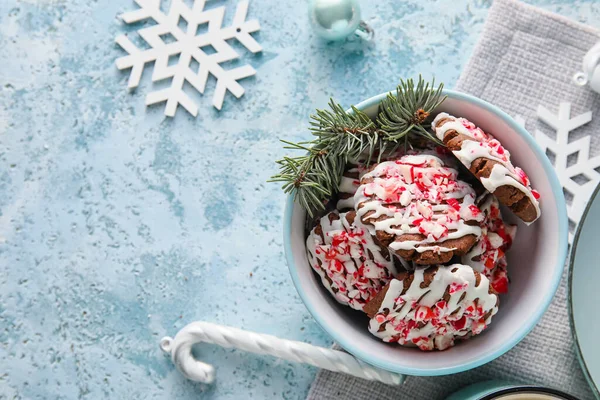 Bowl Tasty Candy Cane Cookies Blue Background — Stock Photo, Image