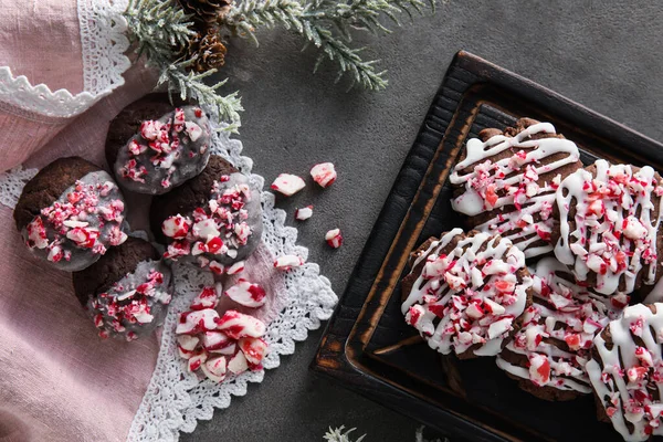 Wooden Board Tasty Candy Cane Cookies Grey Background Closeup — Stock Photo, Image