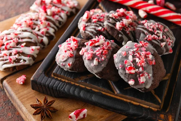 Wooden Boards Tasty Candy Cane Cookies Table Closeup — Stock Photo, Image