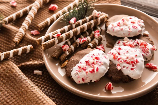 Plate Tasty Candy Cane Cookies Table — Stock Photo, Image