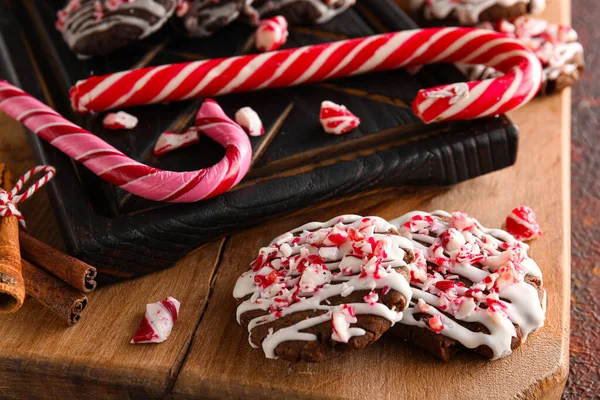 Wooden Boards Tasty Candy Cane Cookies Table Closeup — Stock Photo, Image