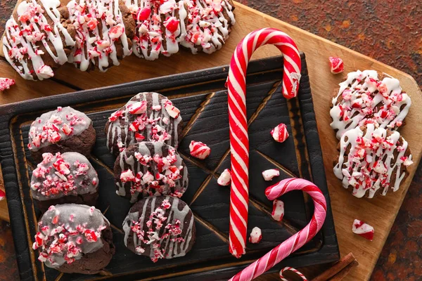 Wooden Boards Tasty Candy Cane Cookies Table — Stock Photo, Image