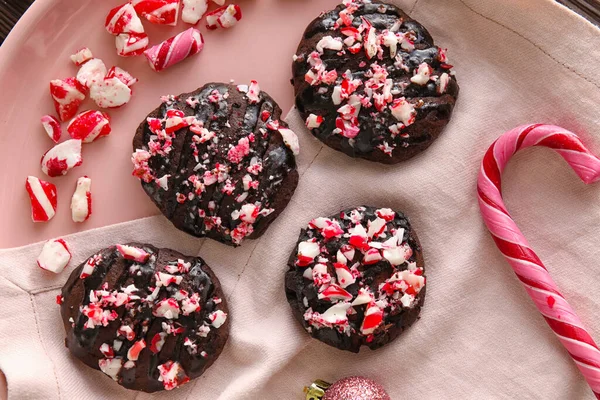 Plate Tasty Candy Cane Cookies Table Closeup — Stock Photo, Image