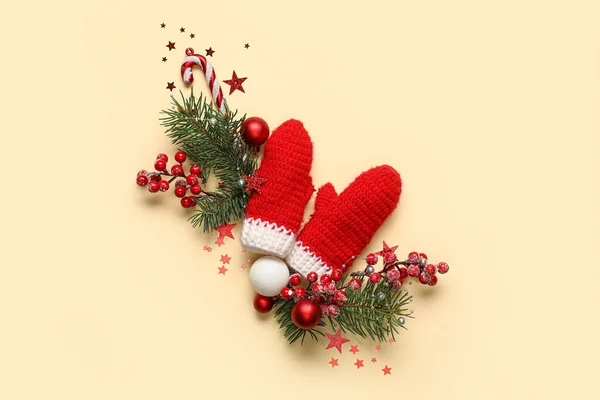 Beautiful Christmas Composition Decor Mittens Yellow Background — Stock Photo, Image